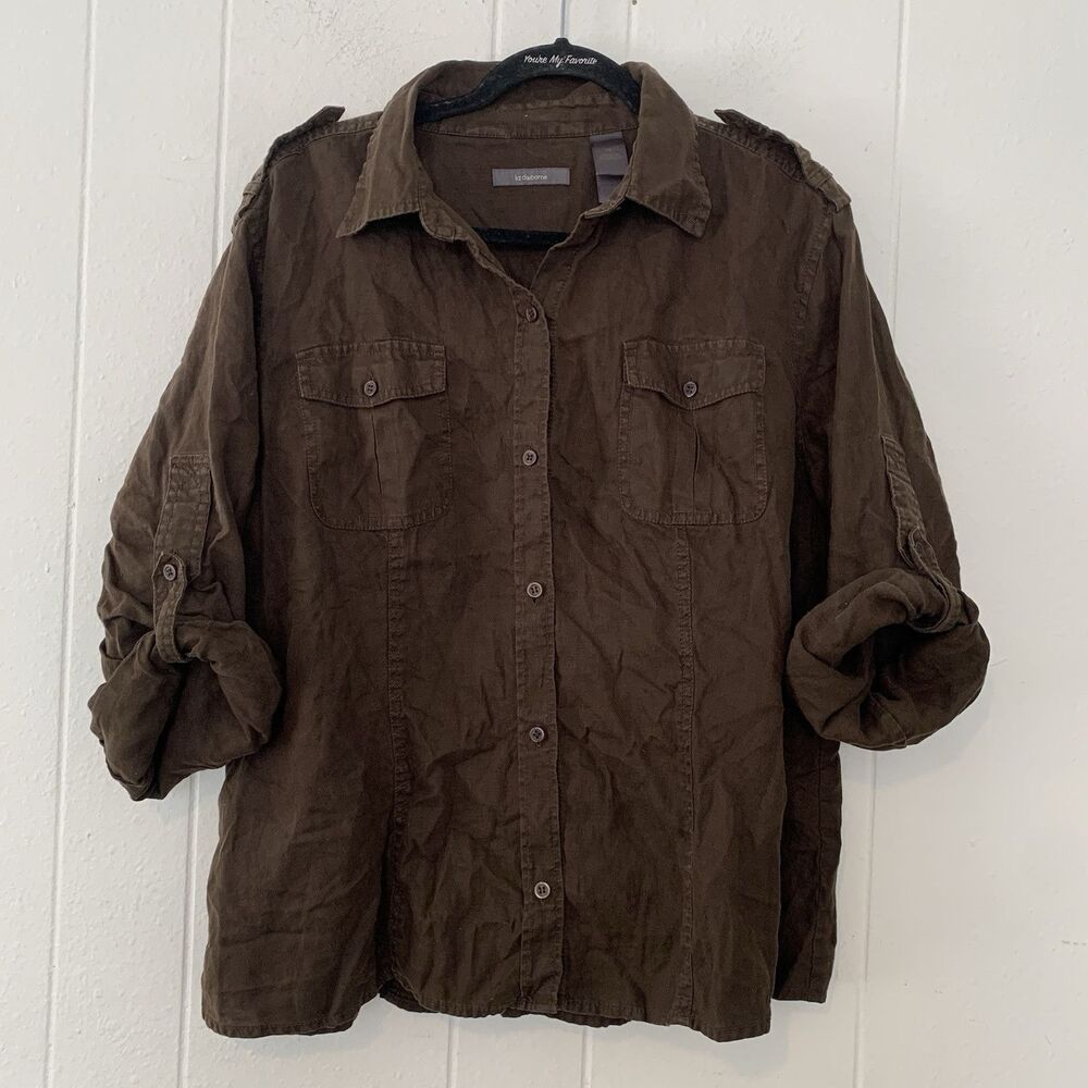 Liz Claiborne Womens 3X Shirt 100% Linen Long Sleeve Roll Up Button Up Brown